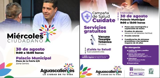 Miércoles Ciudadano en Palacio Municipal de Aguascalientes realizando la Campaña de Salud "Cuídate"