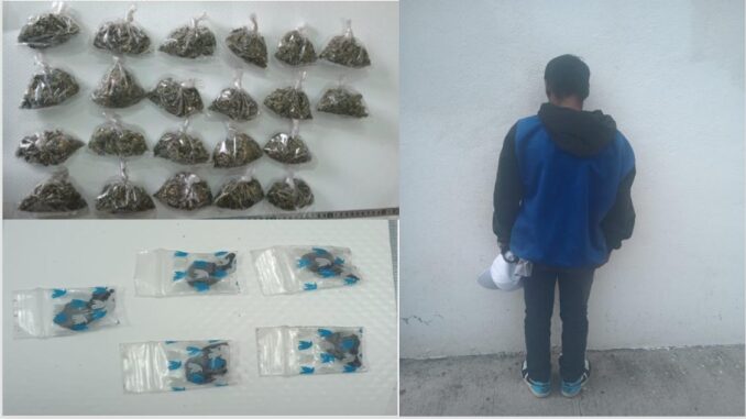 Presunto distribuidor de sustancias al parecer ilícitas fue detenido por Policías de la SSPM en poder de 22 envoltorios de hierba verde al parecer marihuana y cinco envoltorios de piedra granulada con las características del cristal