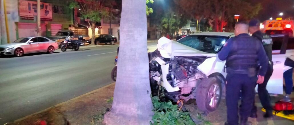 Policías Viales de Aguascalientes atendieron el reporte de accidente contra dos árboles y una palmera
