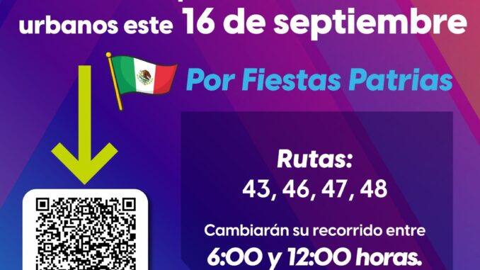 Habrá cambio de recorrido en Rutas de transporte urbano este 16 de septiembre