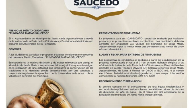 Ya está abierta la Convocatoria para el Premio al Mérito Ciudadano "Fundador Matías Saucedo 2024"