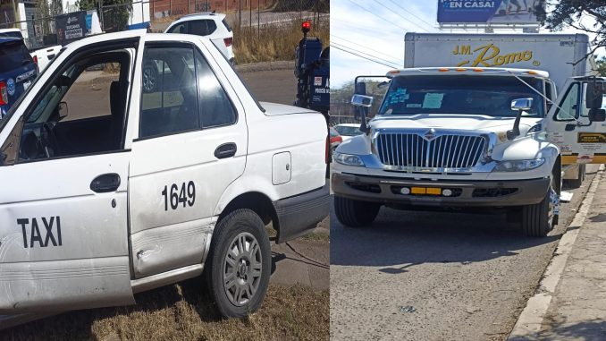 Paramédicos del Grupo de Operaciones Aéreas (GOA) de la SSPM atendieron el reporte de un choque registrado en Avenida José María Chávez en el que resultó lesionado el conductor de un taxi