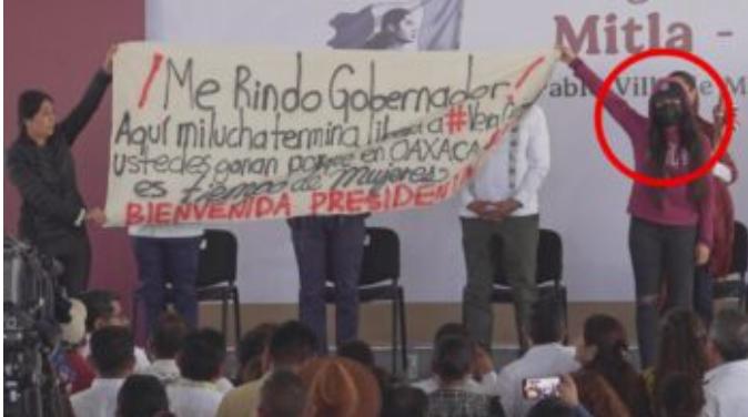 Video | María Elena Ríos protesta en evento de Sheinbaum y acusa a gobernador Jara de liberar a su agresor