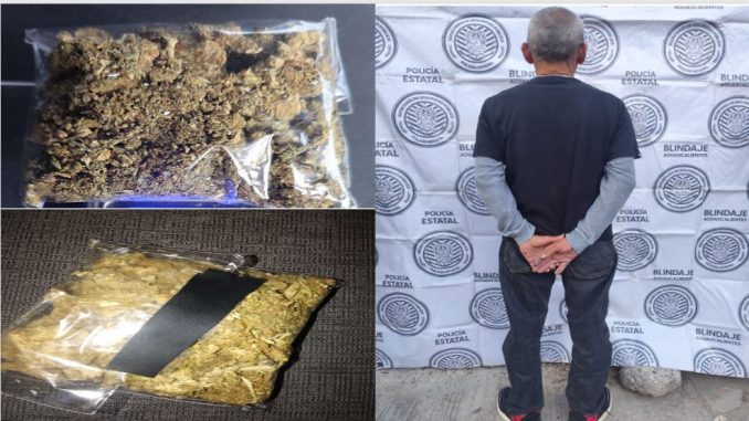 Policías Estatales y Municipales de Asientos detienen a sujeto en poder de bolsa que contenía hierba verde y seca con las características propias de la marihuana