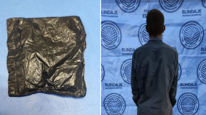 Elementos de la Policía Estatal detienen en el Operativo Pescador a sujeto con posesión de un envoltorio de plástico con sustancia granulada al tacto al parecer cristal
