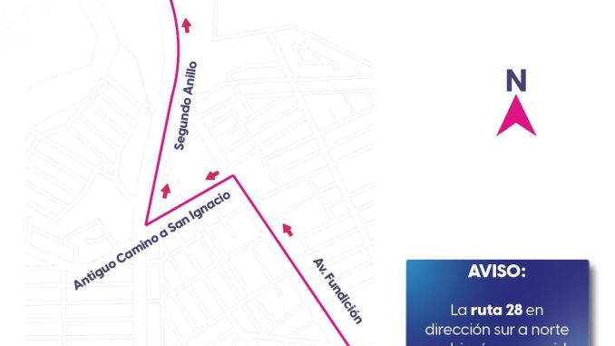 RUTA 28 AJUSTARÁ SU RECORRIDO EN ATENCIÓN A USUARIOS A PARTIR DEL 24 DE AGOSTO La Coordinación General de Movilidad informa que, a partir del domingo 24 de agosto, la ruta 28 del transporte público cambiará su recorrido en dirección de sur a norte. Este ajuste responde a las peticiones de los propios usuarios y usuarias; el objetivo es ofrecer un acceso más práctico y seguro en las zonas de ascenso y descenso. Con esta modificación, los camiones podrán integrarse de forma más eficiente al Segundo Anillo, al utilizar el cruce con semáforo del Antiguo Camino a San Ignacio. El resto del recorrido no tendrá cambios. La ruta seguirá operando con el mismo horario y trayecto en ambos sentidos, salvo por esta mejora en una parte del tramo norte. Si eres usuario frecuente de la ruta 28, toma en cuenta esta modificación y planea tu viaje con anticipación.