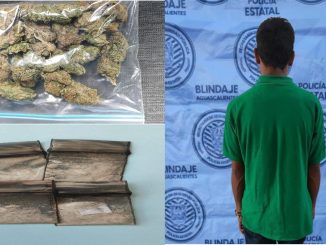 Presunto distribuidor de sustancias al parecer ilícitas fue detenido por Policías Estatales en poder de aproximadamente 58 gramos de hierba verde al parecer marihuana y otro envoltorio que contenía al parecer cristal