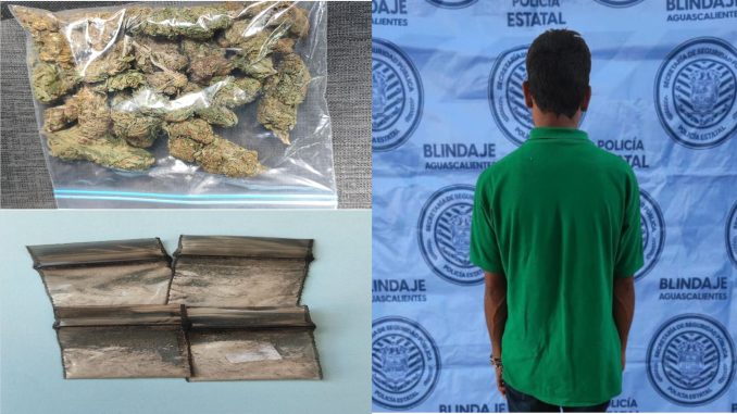 Presunto distribuidor de sustancias al parecer ilícitas fue detenido por Policías Estatales en poder de aproximadamente 58 gramos de hierba verde al parecer marihuana y otro envoltorio que contenía al parecer cristal