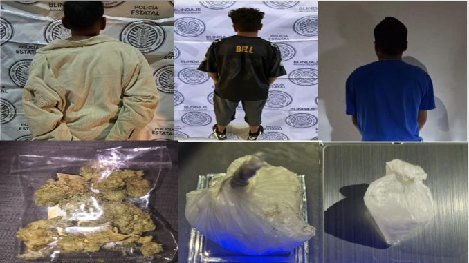 Policías Estatales de Aguascalientes en coordinación con Preventivos de Jesús María y Cosío detienen a tres personas con sustancias al parecer ilícitas
