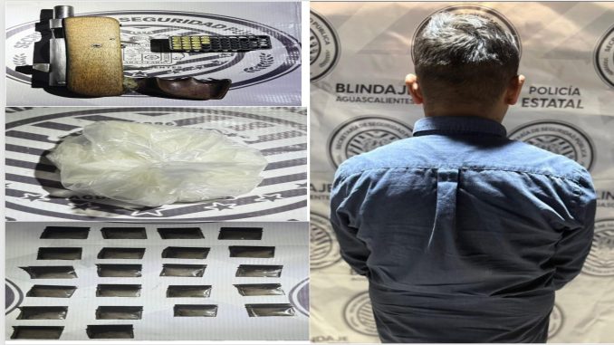 Policías Estatales de Aguascalientes detienen en el oriente de la ciudad a sujeto en poder de arma hechiza, envoltorio con aproximadamente 80 gramos de cristal y otros 22 envoltorios tipo Ziploc con peso aproximado de 12 gramos