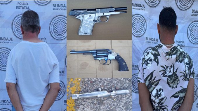 Como resultado de los trabajos conjuntos en tre la Policía Estatal y Municipal de Calvillo capturaron a dos sujetos en poder de dos armas de fuego cortas y una tipo pluma