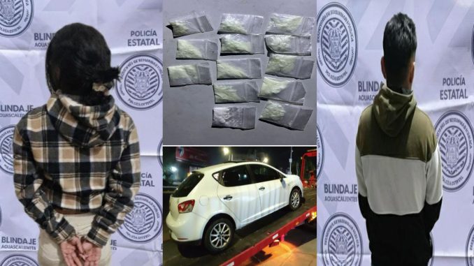 Binomio canino del Grupo K9 de la Policía Estatal detecta en el interior de un vehículo envoltorios de sustancia granulada al parecer cristal, arrojando la detención de dos personas