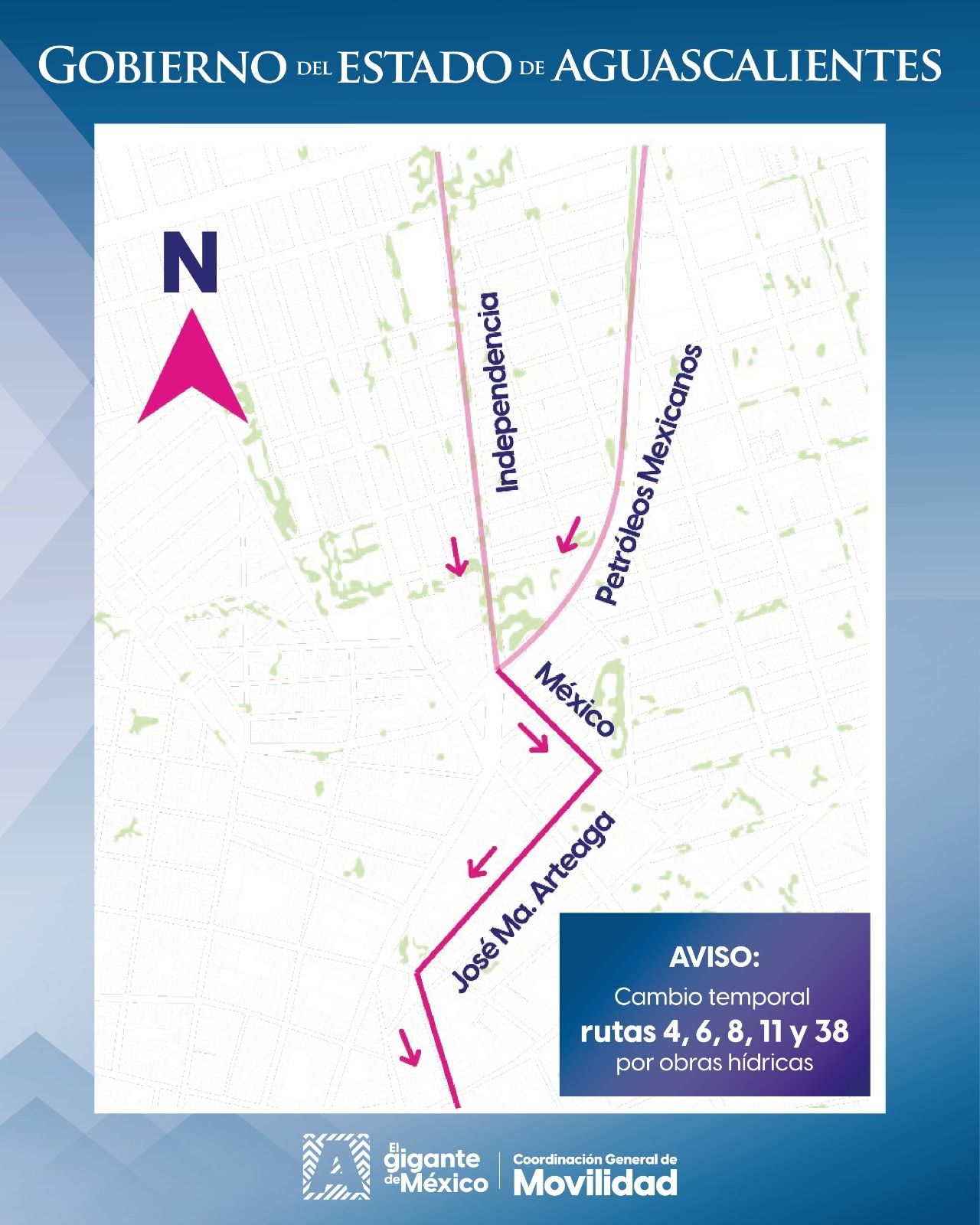 Cambio temporal en el recorrido de las Rutas 4, 6,8,11 y 38