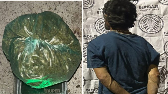 Policías Estatales de Aguascalientes detienen a sujeto en poder de bolsa con hierba verde al parecer marihuana