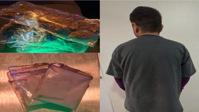 Policías Estatales detienen a sujeto en poder de bolsas con hierba verde al parecer marihuana y envoltorios con sustancia granulada al parecer cristal