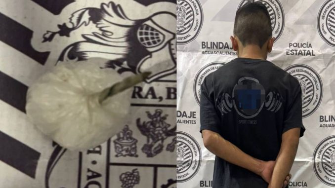 Policías Estatales de Aguascalientes en coordinación con Municipales de Jesús María detienen a sujeto en poder de bolsa con sustancia granulada al parecer cristal