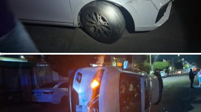 Policía Vial atiende choque contra vehículo estacionado con posterior volcadura en el fraccionamiento Villa Teresa