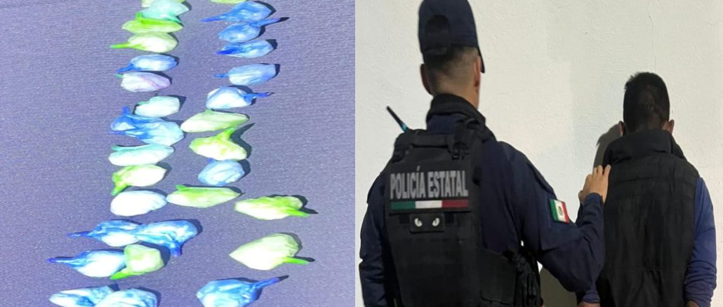 Policías Estatales detienen a sujeto en poder de más de 30 envoltorios con sustancia granulada al parecer cristal