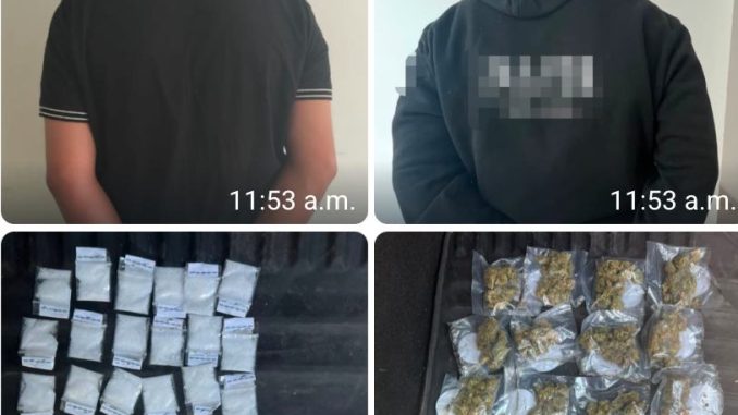 Policías Estatales detienen en el fraccionamiento Villa loma Dorada a dos sujetos en poder de cerca de 20 envoltorios de hierba verde y 40 de sustancia granulada al parecer cristal