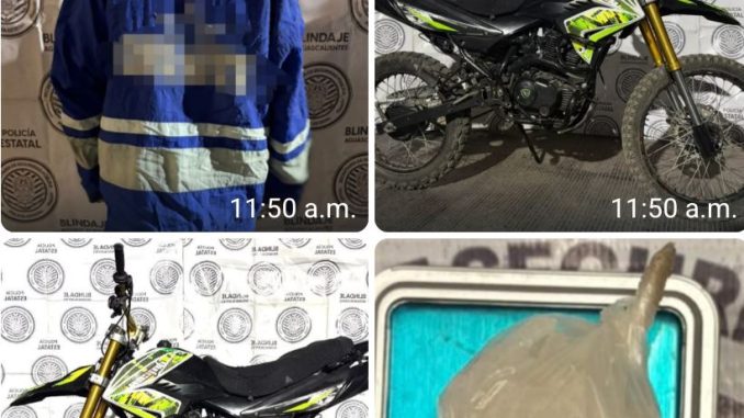 En poder de motocicleta con reporte de robo vigente y sustancia granulada al parecer cristal, fue detenido sujeto por Elementos del Mando Coordinado en el municipio de Pabellón de Arteaga