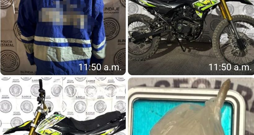 En poder de motocicleta con reporte de robo vigente y sustancia granulada al parecer cristal, fue detenido sujeto por Elementos del Mando Coordinado en el municipio de Pabellón de Arteaga